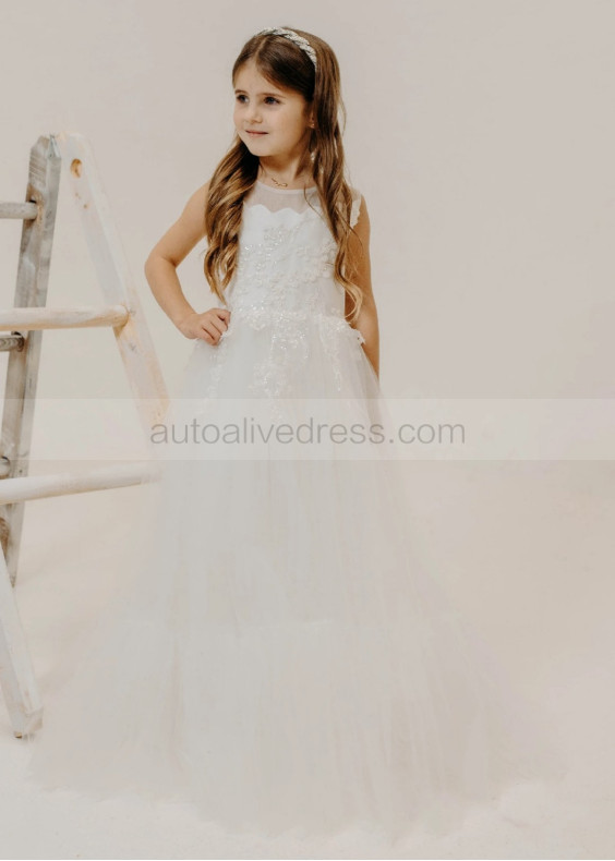 Beaded Ivory Lace Tulle Flower Girl Dress Communion Dress